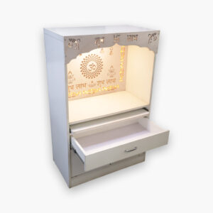 White Wooden Mandir with LED Backlight & Storage Drawer