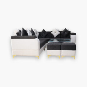 Modern Black & White L-Shape Sofa Set with Center Table
