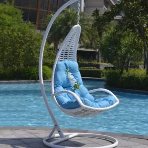 Hanging Swing Chair with Stand & Cushion | Outdoor Indoor Rattan Swing for Balcony, Garden & Poolside
