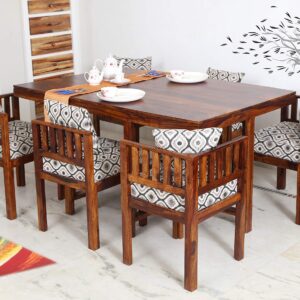 Wooden 6 Seater Dining Table Set with Cushioned Chairs | Solid Wood Dining Set for Home